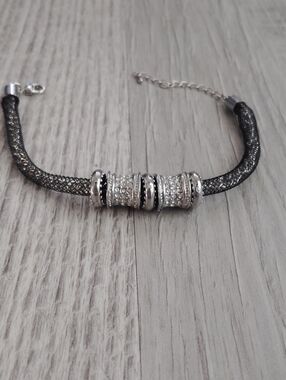 Sparkling Crystal Accent Black Mesh Bracelet with Silver Rings